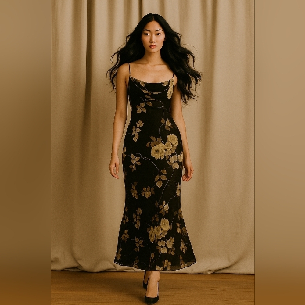 Black and Gold Floral Maxi Dress, Size 8. Long And Flare Hemline. Back Zipper
